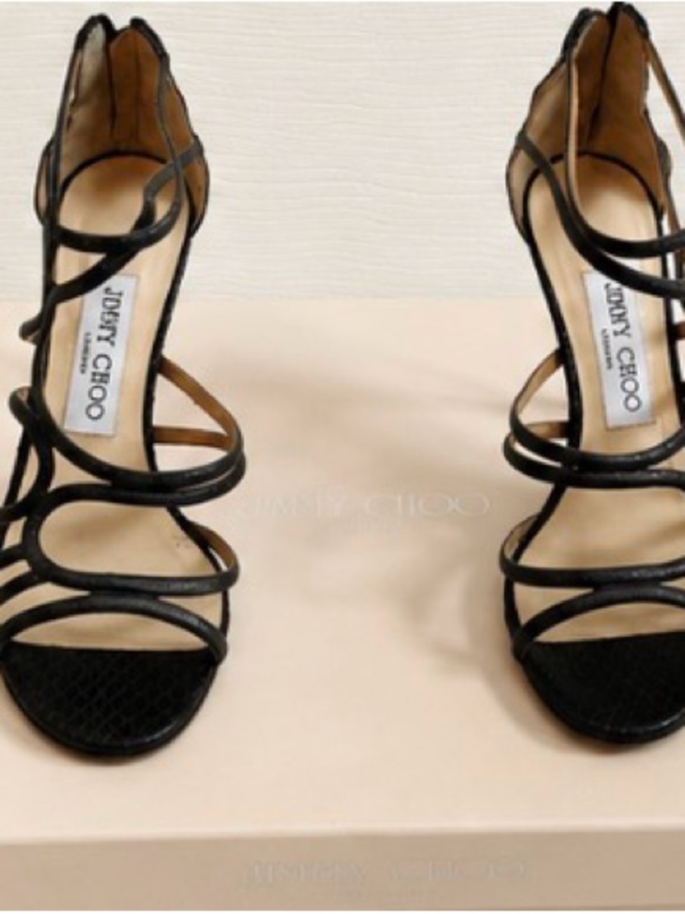 Jimmy Choo Sazerac Black Glitter Snakeskin Strappy Cage Heels, Size 35